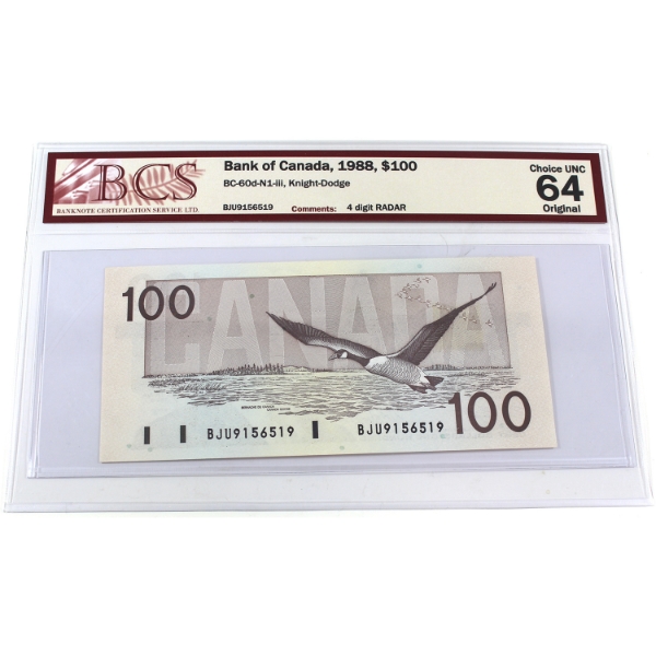 RADAR BC-60d-N1-iii 1988 $100 4 Digit RADAR BCS CUNC64 Original Knight-Dodge SN: BJU9156519