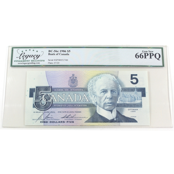 BC-56c 1986 $5 Legacy GEM UNC66 PPQ Bonin-Thiessen SN: GPS0051749