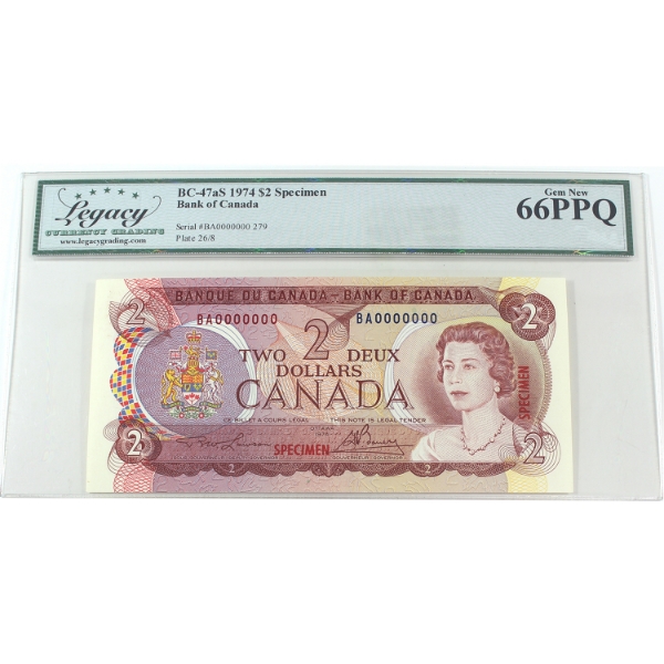 BC-47aS 1974 $2 SPECIMEN Legacy GEM UNC66 PPQ Lawson-Bouey SN: BA0000000 279