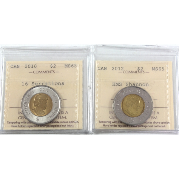 $2 2010 16 Serrations & 2012 HMS Shannon ICCS MS65. 2pcs