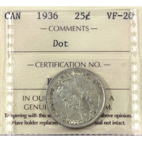 25-cent 1936 Dot ICCS VF20