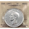 Image 1 : Silver $1 1947 Maple Leaf ICCS MS62