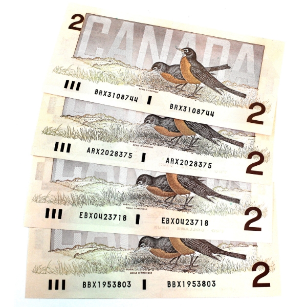 1986 $2 *Replacement Notes AU or Better Thiessen-Crow. 4pcs.