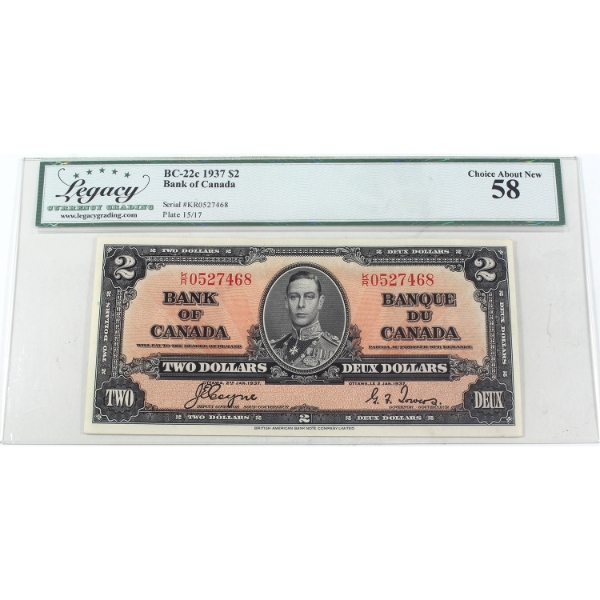 BC-22c 1937 $2 Legacy Choice AU58 Coyne-Towers SN: K/R0527468