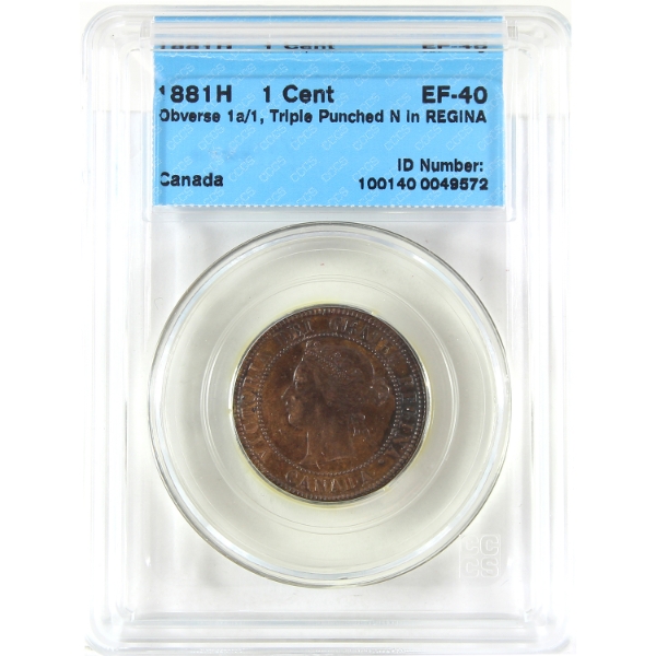 1-cent 1881H Obverse 1a/1; Triple Punched N in REGINA CCCS EF40