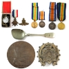 Image 1 : Great Britain WWI Medals w/ Ribbons, ID Tag, Spoon, & Other Items ISSUED TO: G. & T. Falgan. 10pcs.
