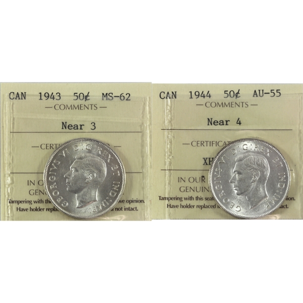 50-cent 1943 Near 3 MS62 & 1944 Near 4 AU55 ICCS. 2pcs.