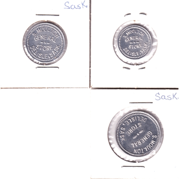 Group Lot of Saskatchewan S. Moulton General Store 1, 5, & 10-cent Aluminum Trade Tokens. 3pcs.
