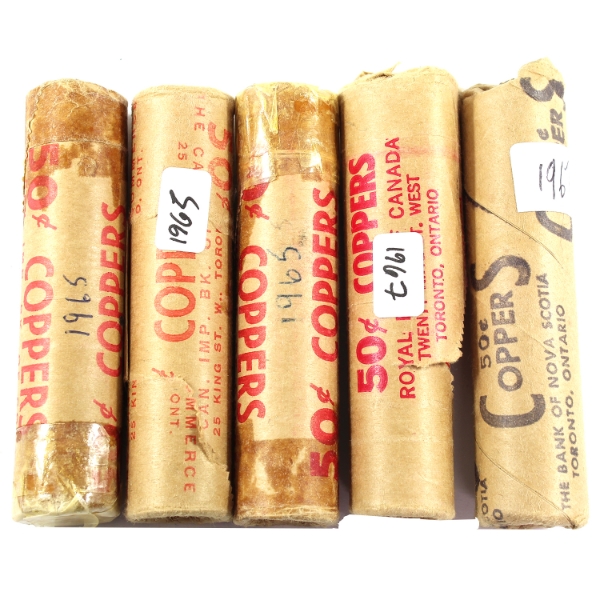 1965 & 1967 1-cent Rolls of 50pcs in Original Holders. 5 Rolls