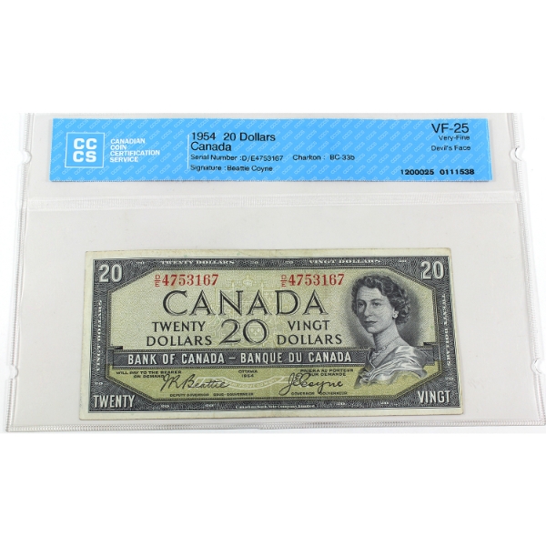 BC-33b 1954 $20 Devil's Face CCCS VF25 Beattie-Coyne SN:D/E4753167