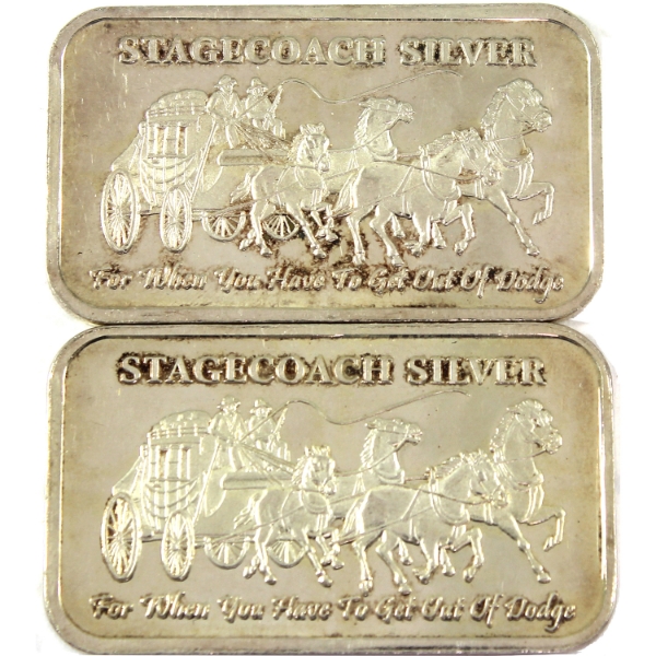 2x 1oz Stagecoach Silver Vintage .999 Silver Divisible Bars. 2pcs. (Tax Exempt)