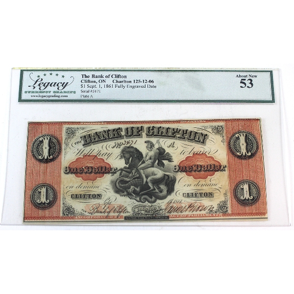125-12-06 1861 $1 Bank of Clifton Legacy AU53 Fully Engraved Date SN: 3471