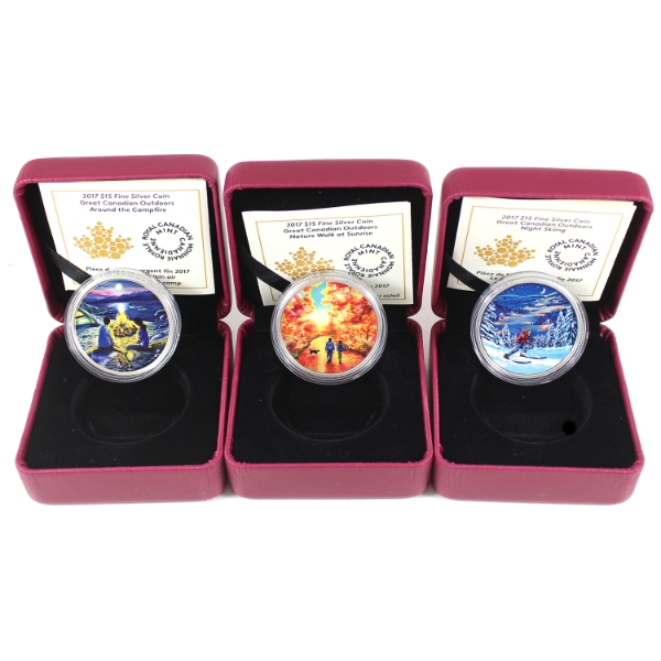 Group Lot of 2017 $15 Great Canadian Outdoors Fine Silver Coins w/ Selective Colour. 3pcs. 