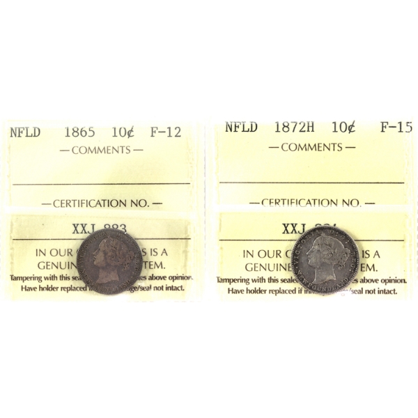 Newfoundland 10-cent 1865 F12 & 1872H F15 ICCS. 2pcs.