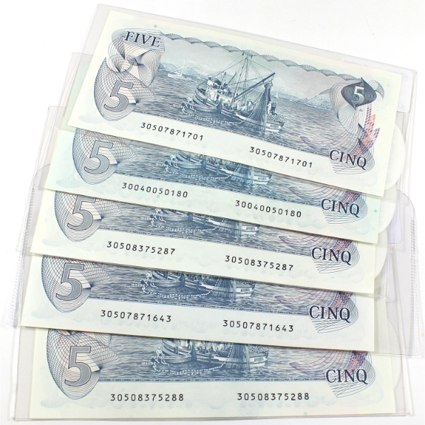 5x 1979 Bank of Canada $5 Notes - 4x Crow-Bouey & Lawson-Bouey GEM UNC. 5pcs