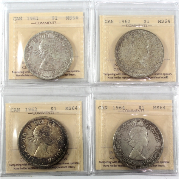 Silver $1 1961, 1962, 1963 & 1964 ICCS MS64. 4pcs