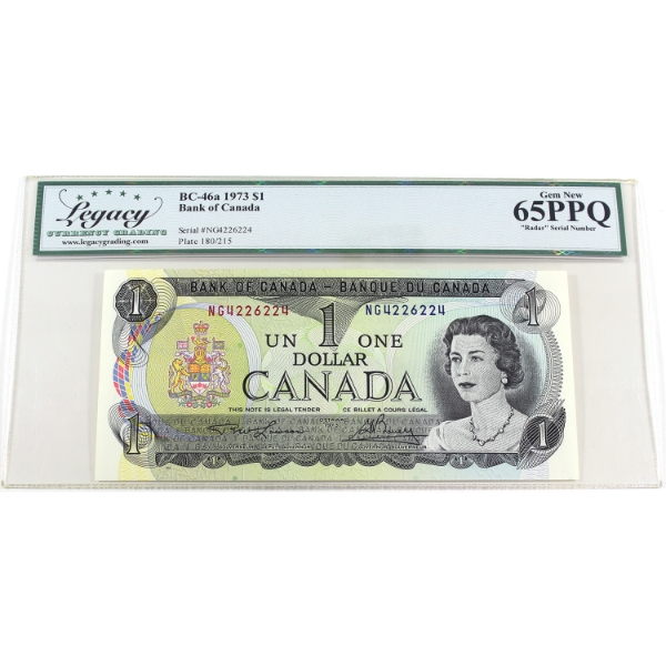 RADAR BC-46a 1973 $1 3-Digit RADAR Legacy GEM UNC65 PPQ Lawson-Bouey SN: NG4226224