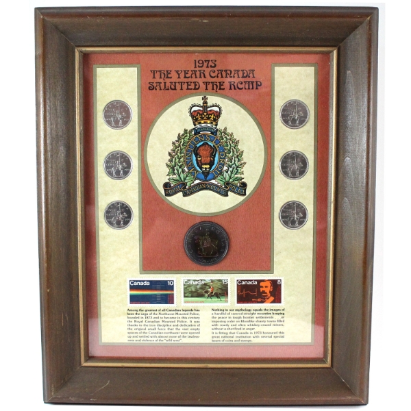 *1973 The Year Canada Saluted the RCMP, 7-coin & 3-stamp Collection in Wooden Display Frame