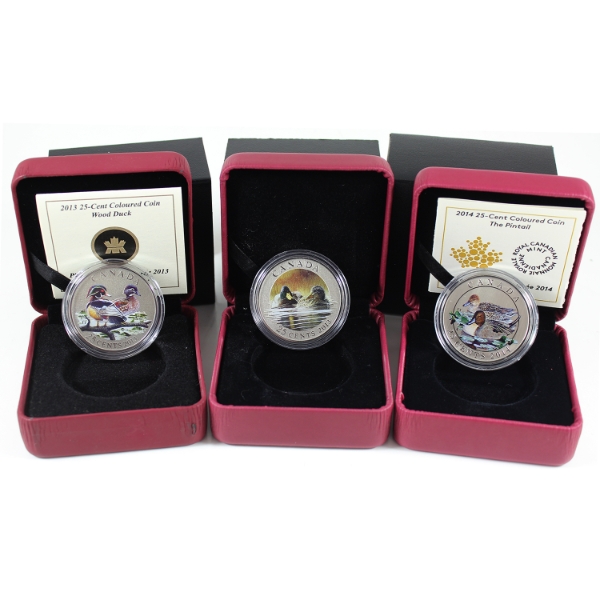 Group Lot of 2013-2014 25-cent Birds of Canada Coins. 3pcs.