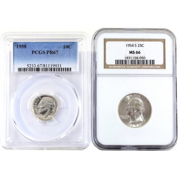 USA 1958 Roosevelt Dime PCGS PR67 & 1954S Washington Quarter NGC MS66. 2pcs.