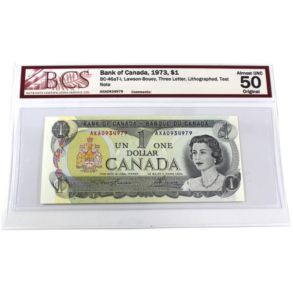 BC-46aT-i 1973 $1 Test Note AXA Lithographed BCS AU50 Original Lawson-Bouey SN:AXA0934979