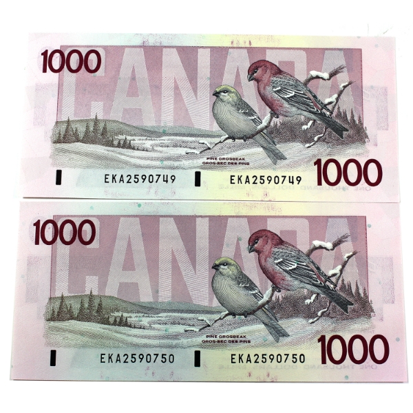 Consecutive Pair of BC-61b 1988 $1000 UNC or Better Bonin-Thiessen SN: EKA2590749 & 2590750. 2pcs