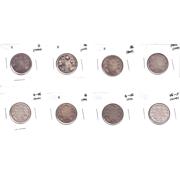 Bulk Lot of 25-cent 1872H-1907 Poor to VG-F in 8-Pocket Sheet. 8pcs.