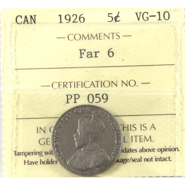 5-cent 1926 Far 6 ICCS VG10