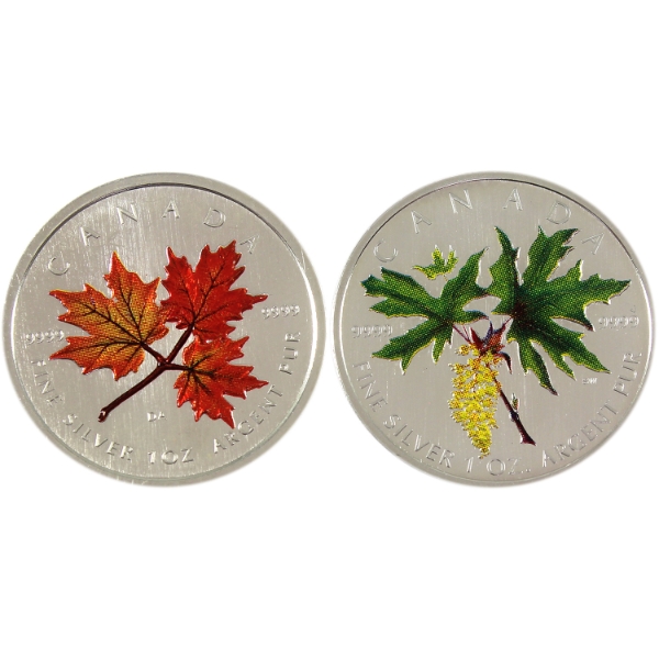 Group Lot of 2001 & 2005 $5 Coloured Maple Leaf 1oz .9999 Fine Silver Coins. 2pcs. (Tax Exempt)