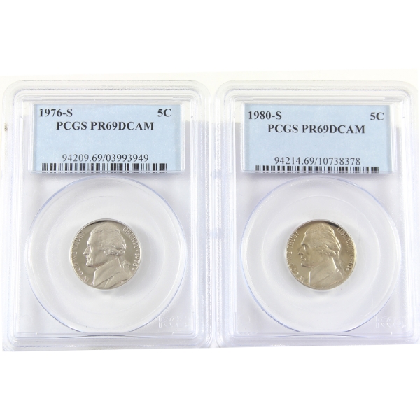 USA 1976S & 1980S Jefferson Nickels PCGS PR69 Deep Cameo. 2pcs.