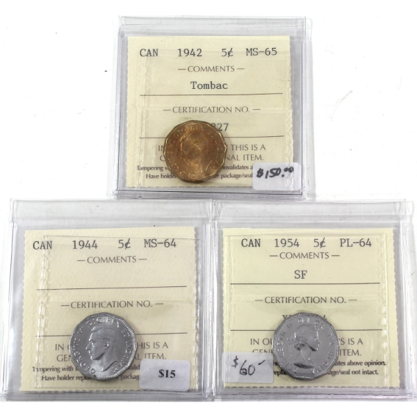 5-cent 1942 Tombac MS65, 1944 MS64 & 1954 SF PL64 ICCS. 3pcs