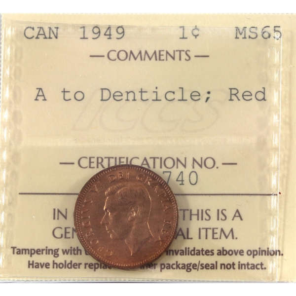 1-cent 1949 A to Denticle ICCS MS65 Red
