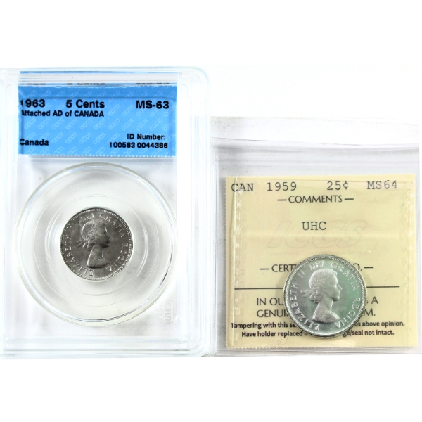 25-cent 1959 ICCS MS64 UHC & 5-cent 1963 Attached AD in Canada CCCS MS63. 2pcs.