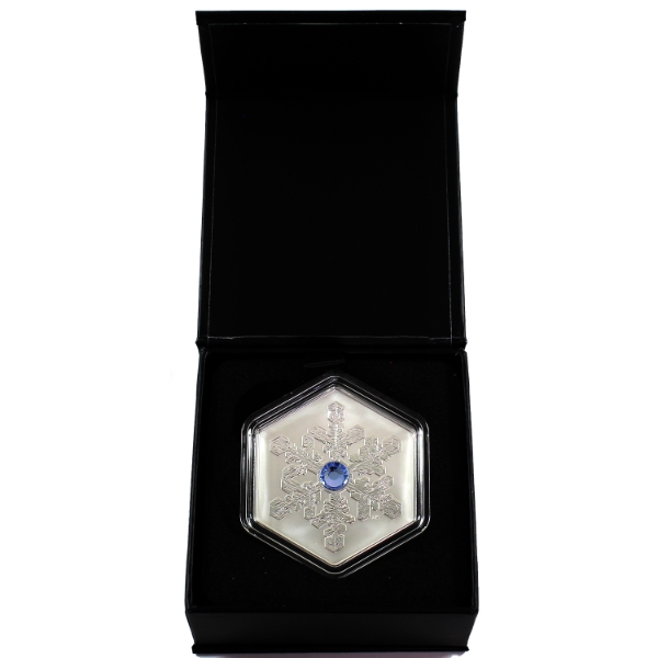 2024 $20 Snowflake Hexagon Shaped .9999 Fine Silver Coin w/ Blue Crystal Centrepiece 