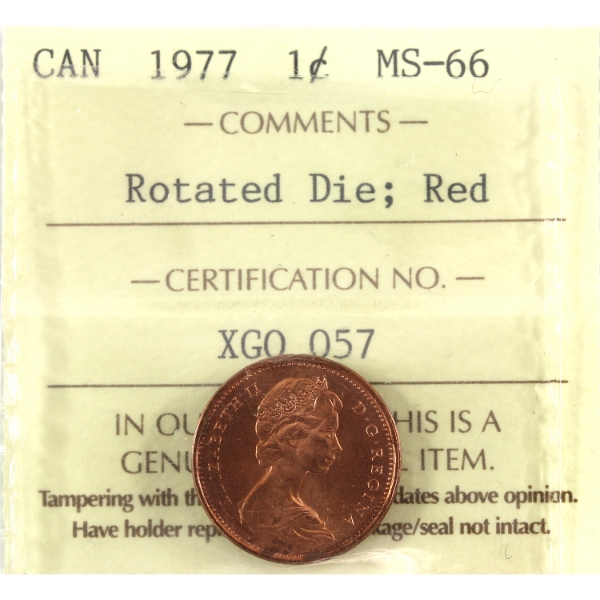 1-cent 1977 Rotated Die 22.5 Degrees ICCS MS66 Red