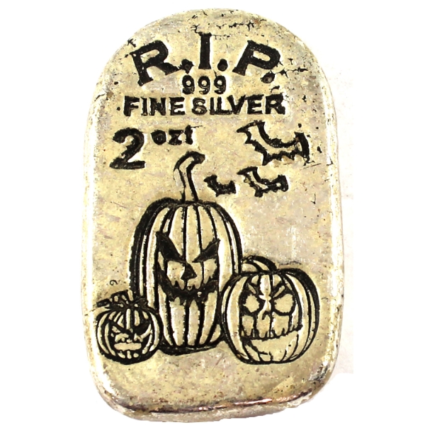 2oz Monarch Precious Metals Glow in the Dark Pumpkin Tombstone .999 Fine Silver Art Bar (Tax Exempt)