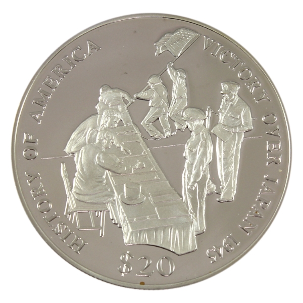 Liberia 2000 $20 History of America - Victory Over Japan 1945 Medallion 20g-.999 Fine Silver, 39mm