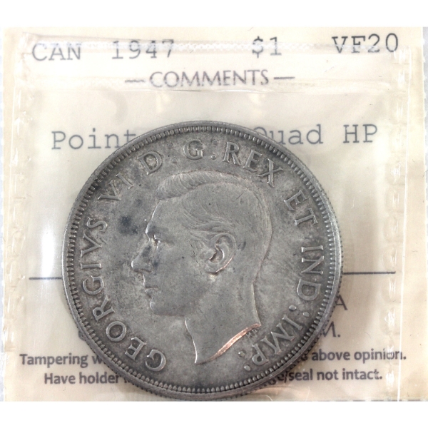 Silver $1 1947 Pointed 7 Quad HP ICCS VF20
