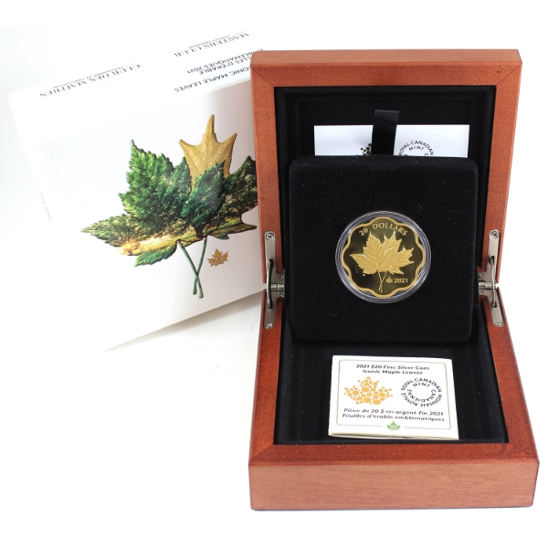 2021 $20 Iconic Maple Leaves Gold Plated .9999 Fine Silver Coin (Tax Exempt)