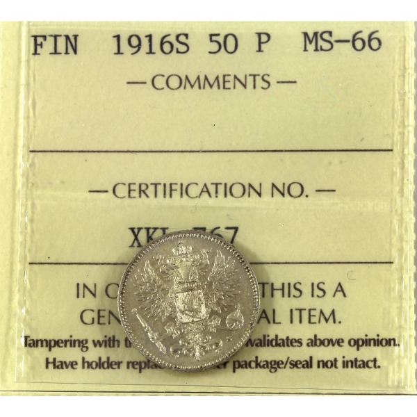 Finland Silver 1916S 50 Pennia ICCS MS66