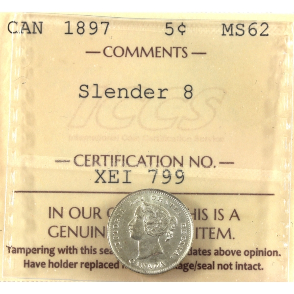 5-cent 1897 Slender 8 ICCS MS62