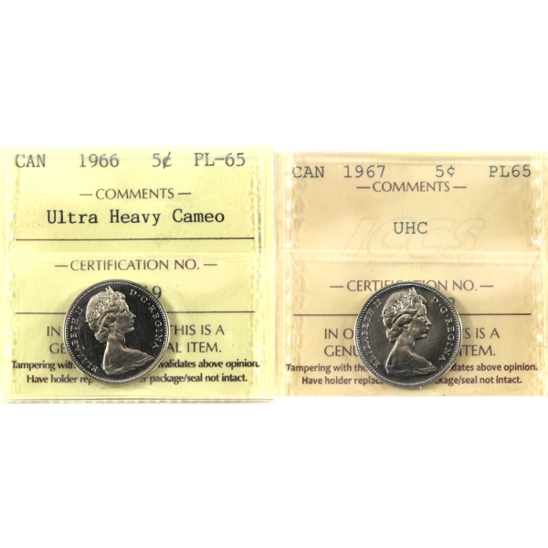 5-cent 1966 & 1967 ICCS PL65 UHC. 2pcs.