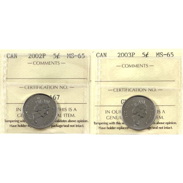 5-cent 2002P & 2003P ICCS MS65. 2pcs