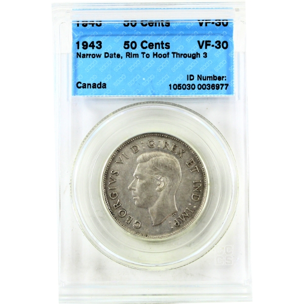 50-cent 1943 Narrow Date, Rim to Hoof Through 3 CCCS VF30