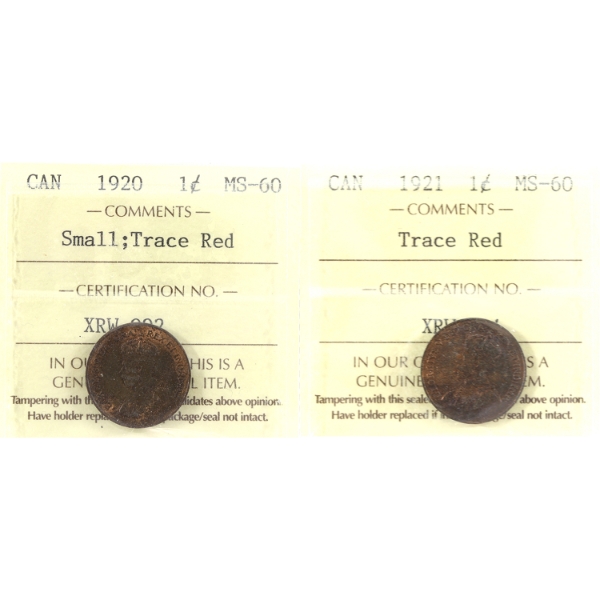 1-cent 1920 Small & 1921 ICCS MS60 Trace Red. 2pcs.