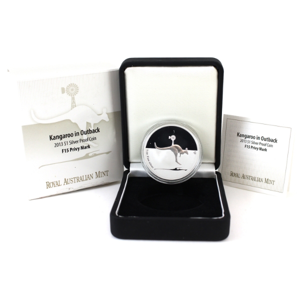 Australia Silver 2013 $1 Kangaroo in Outback with F15 Privy Mark Fine Silver Proof Coin (Tax Exempt)