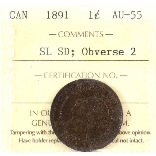 1-cent 1891 SL SD Obv 2 ICCS AU55