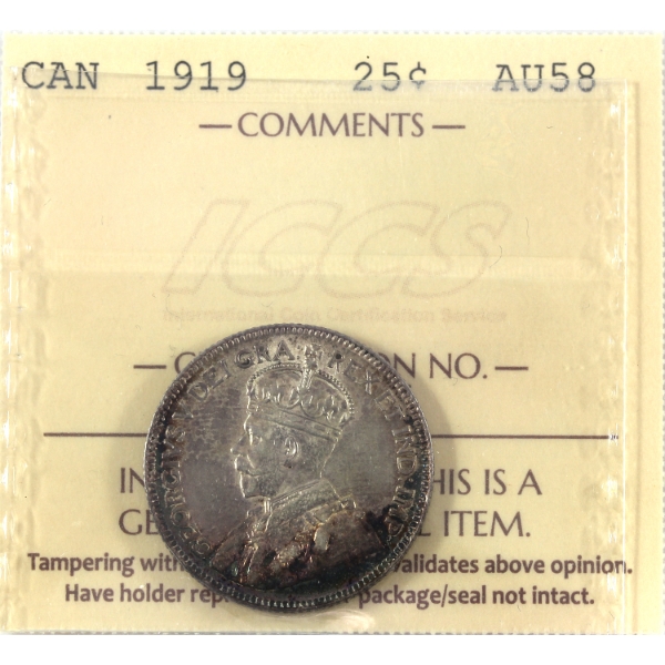 25-cent 1919 ICCS AU58