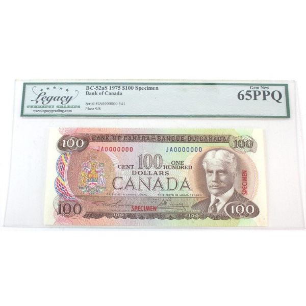 BC-52aS 1975 $100 SPECIMEN Legacy GEM UNC65 PPQ Lawson-Bouey SN: JA0000000 541