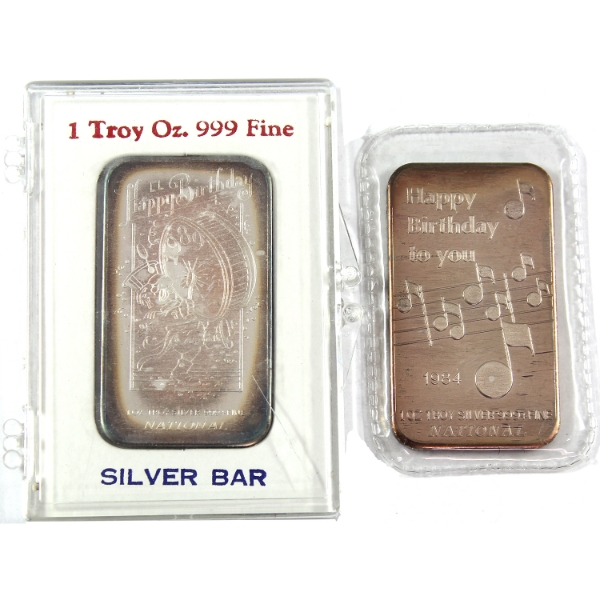 2x 1oz National Refiners 1984-1989 Birthday .999+ Silver Art Bars. 2pcs. (Tax Exempt)